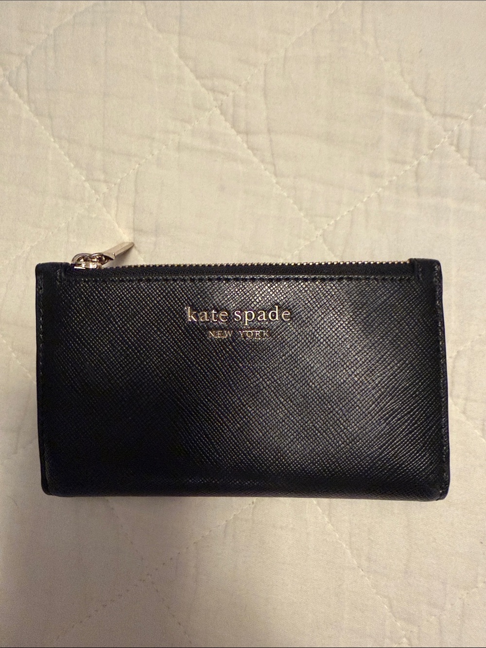 kate spade Black Leather Zip Card Wallet with Gold Logo